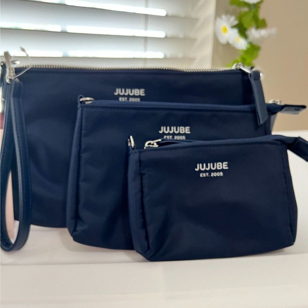 New JuJuBe 3-Piece Pouch Set Diaper Bag Organizing Pouches Crossbody Strap Nav